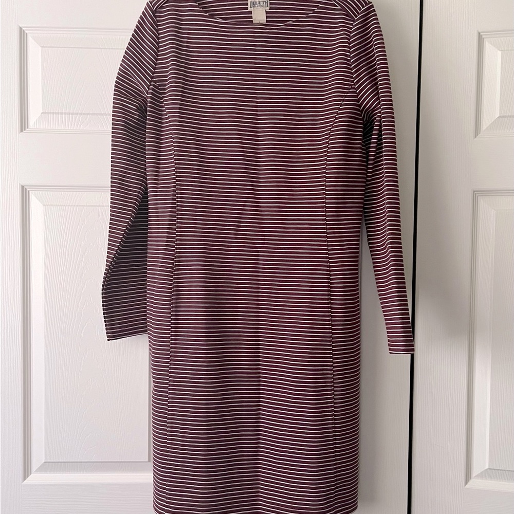 Duluth Trading Co Burgundy and White Stripe Sheath Long Sleeve Dress Size L